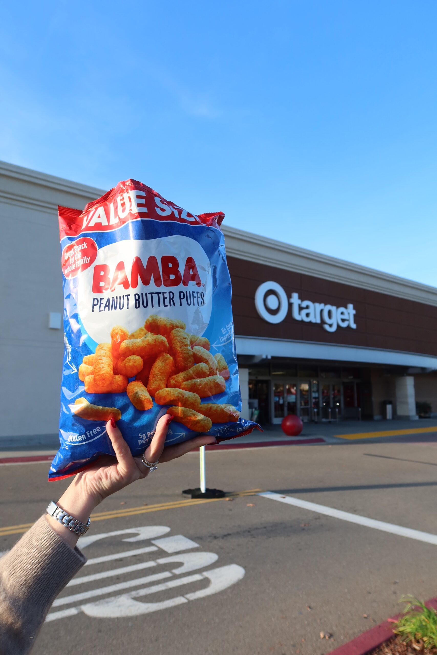 Close-up of snack brand outside Target, showcasing influencer-driven launch tactic targeting moms.